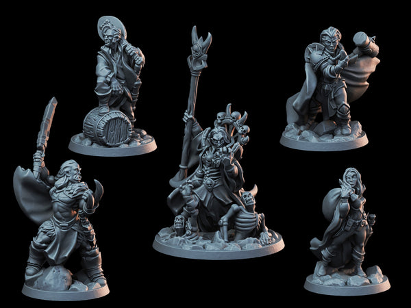 DnD Miniature Party Set 8 - 28mm Adventuring Group - Necromancer | Barbarian | Cleric | Rogue | Bard | Pathfinder 2E | DnD 5E | Mini Set