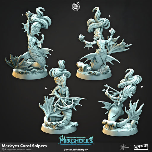 Merkyes Coral Snipers - dnd and wargaming miniature - Merfolk, Mermaid, Triton, Pathfinder, Aquatic, Monster, Ranger, Wizard, Sorcerer