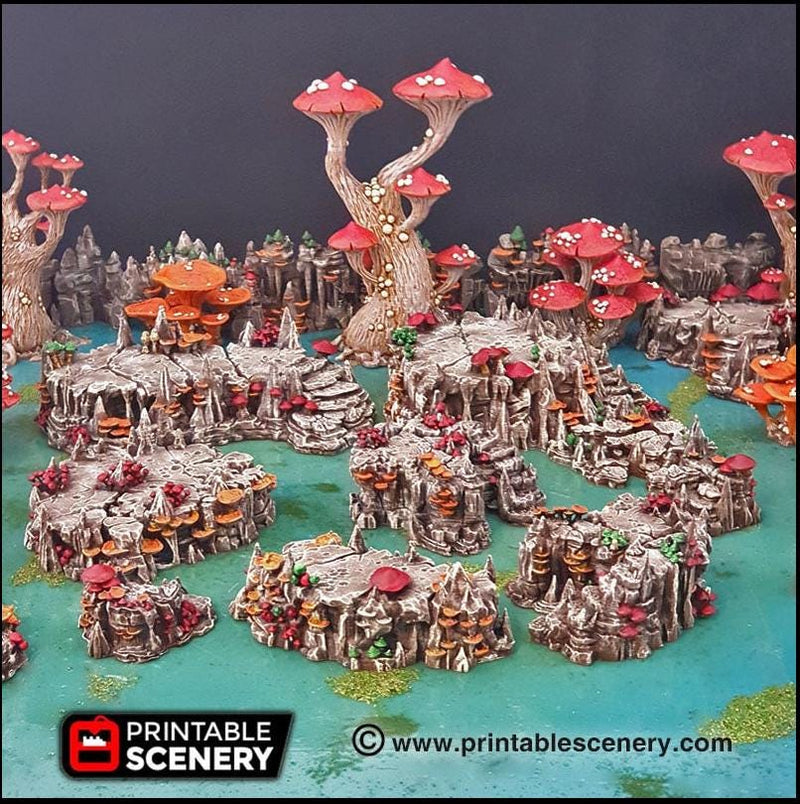 Raised Mushroom Caverns - Printable Scenery | DnD | Cave | Dungeon | Scene | Scatter Terrain | Wargaming | 28mm 15mm 32mm | Goblin Grotto