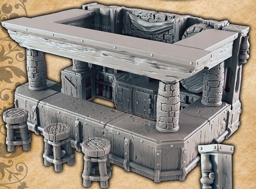 Tavern Bar and Barkeep - EC3D | DnD | Tabletop Terrain | Villager | Minotaur | 32mm | Pathfinder | commoner | TTRPG | Wargaming |