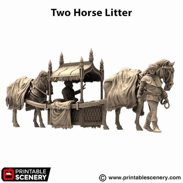 Two Horse Litter - King and Country, DnD 5E, Pathfinder 2E 15mm, 28mm, 32mm, wargaming terrain, warhammer, scatter scenery, D&D village town