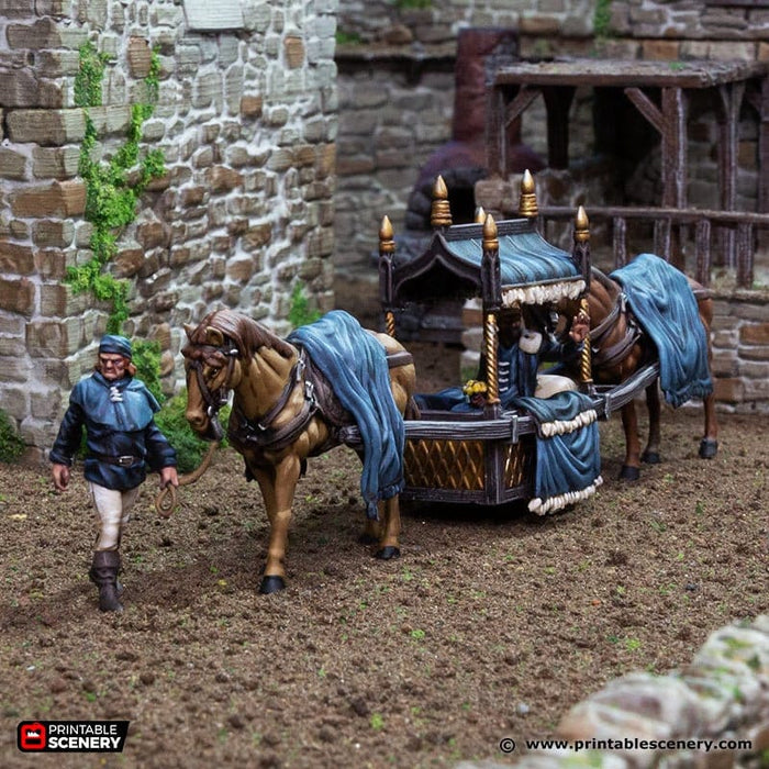 Two Horse Litter - King and Country, DnD 5E, Pathfinder 2E 15mm, 28mm, 32mm, wargaming terrain, warhammer, scatter scenery, D&D village town