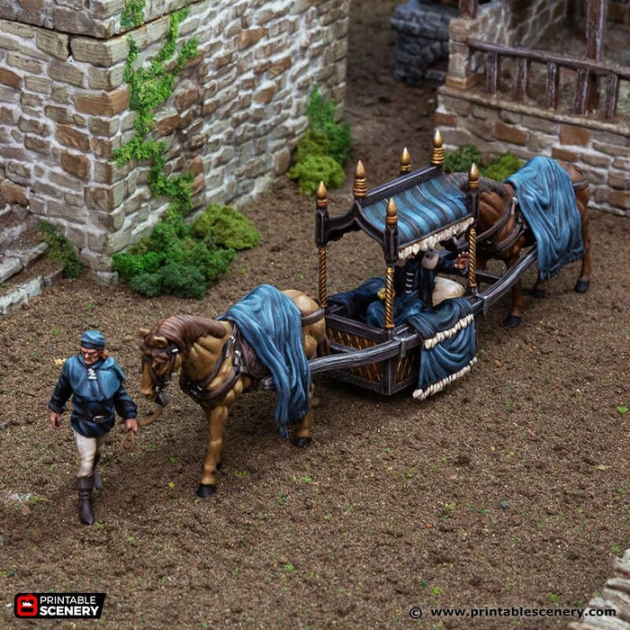 Two Horse Litter - King and Country, DnD 5E, Pathfinder 2E 15mm, 28mm, 32mm, wargaming terrain, warhammer, scatter scenery, D&D village town