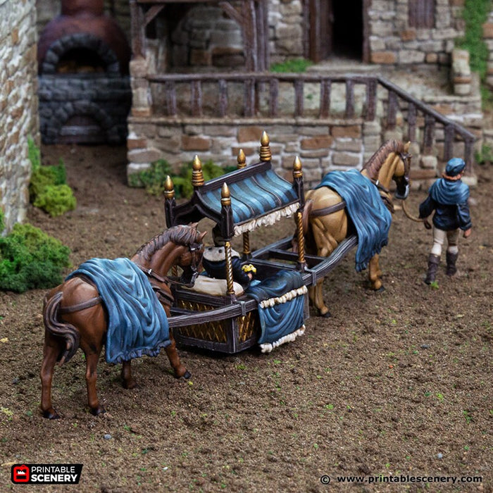 Two Horse Litter - King and Country, DnD 5E, Pathfinder 2E 15mm, 28mm, 32mm, wargaming terrain, warhammer, scatter scenery, D&D village town