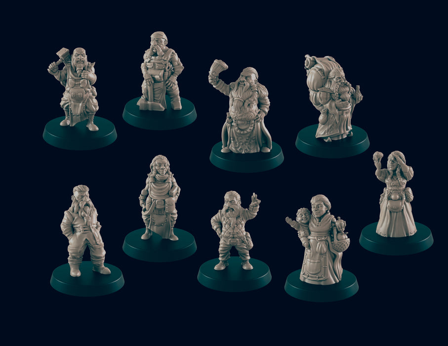 9 Dwarf Villager Miniature Pack - EC3D | DnD | Child | Villager | Merchant | Noble | 28mm | Pathfinder | commoner | Wargaming | Shopper