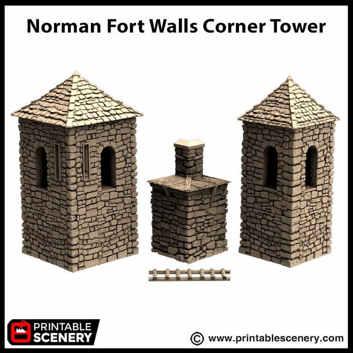 Norman Fort Walls - Corner Towers - King and Country, DnD, Pathfinder, 15mm, 28mm, 32mm, wargaming terrain, scatter scenery D&D castle