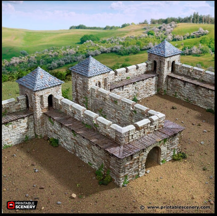 Norman Fort Walls - Corner Towers - King and Country, DnD, Pathfinder, 15mm, 28mm, 32mm, wargaming terrain, scatter scenery D&D castle