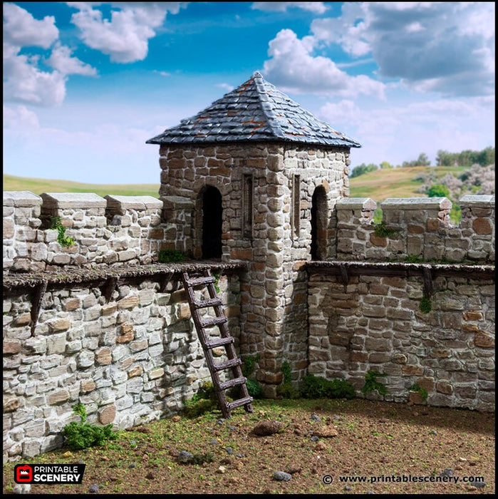 Norman Fort Walls - Corner Towers - King and Country, DnD, Pathfinder, 15mm, 28mm, 32mm, wargaming terrain, scatter scenery D&D castle