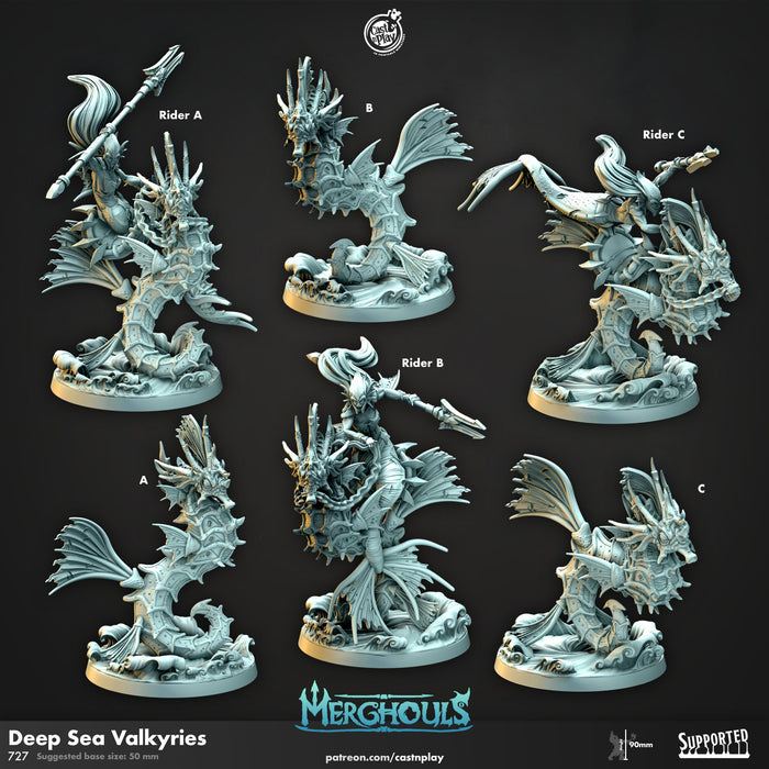 Deep Sea Valkyries - dnd and wargaming miniature - Merfolk, Mermaid, Triton, Pathfinder, Aquatic, Ranger, Seahorse, Fighter, Cavalry, Mount