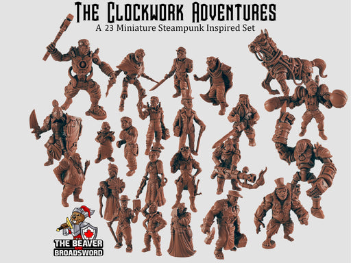 The Clockwork Adventures 23 Mini Set - EC3d | DnD | Steampunk | Automaton | Fighter | Villagers | City | Pathfinder | Human, TTRPG Wargaming